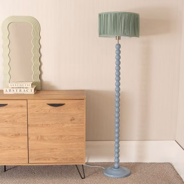 ValueLights Bobbins Floor Lamp with Green Ruched Pleated Drum Shade