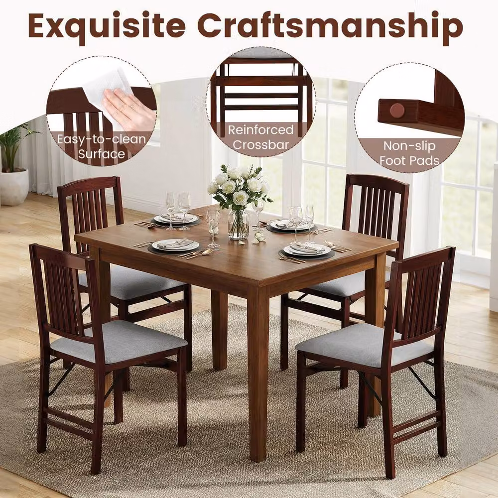 Costway Set of 2 Grey Upholstered Folding Dining Chairs with Vintage Rubberwood Finish – 6