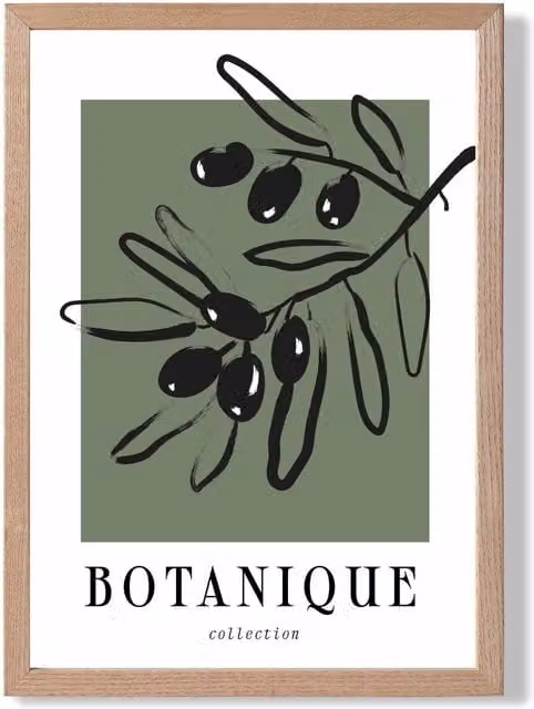 ARTZE Green and Black Olive Boho Sketch Floral Framed Print with Oak Frame – 1