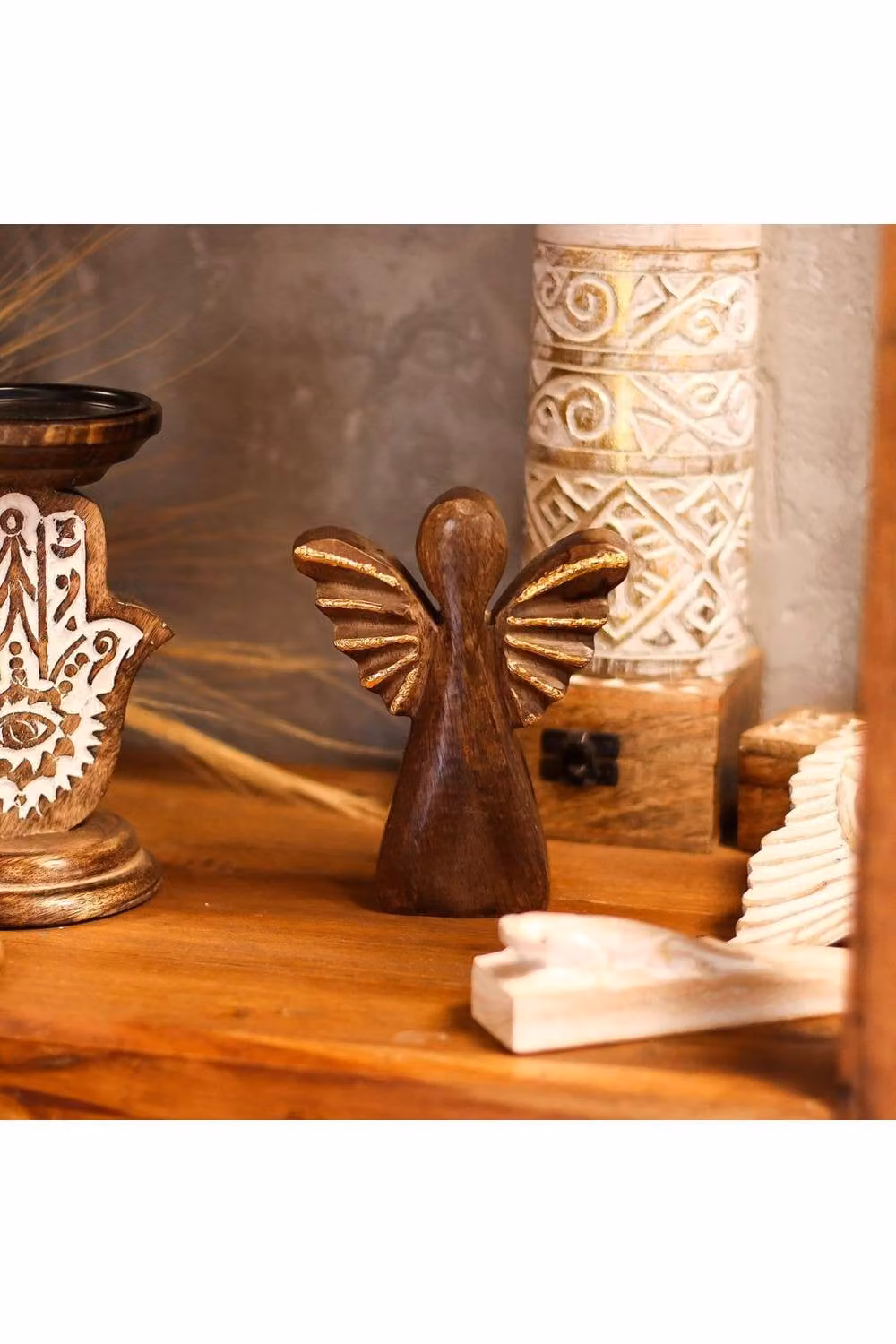 KDMD Medium Mango Wood Angel Tabletop Decor with Gold Finish in Brown – 3