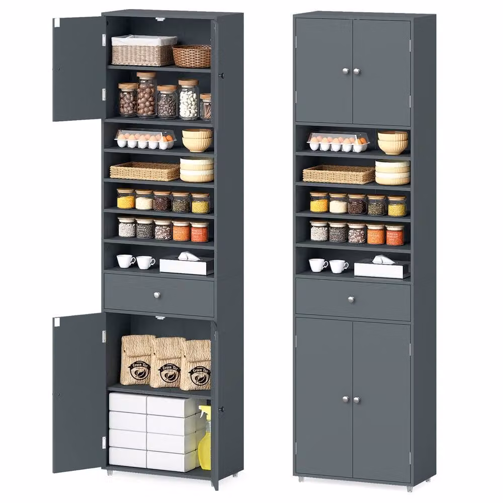 Costway Grey Tall Kitchen Buffet Pantry Storage Cabinet with Drawer and Hinged Doors – 3