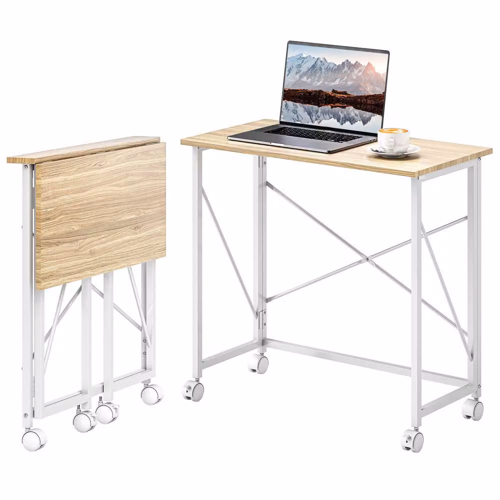 STILVORA Folding Writing Desk with Castors, Natural Wood, W: 80 cm, D: 40 cm, H: 75 cm – 2