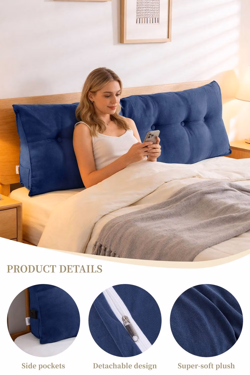 Living and Home Large Blue Washable Wedge Headboard Pillow with Removable Cover and Storage Pocket – 2