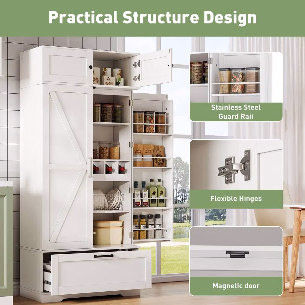 Matteo White Tall Kitchen Storage Cabinet with Hinged Doors, Internal Shelves and Bottle Rack – 2