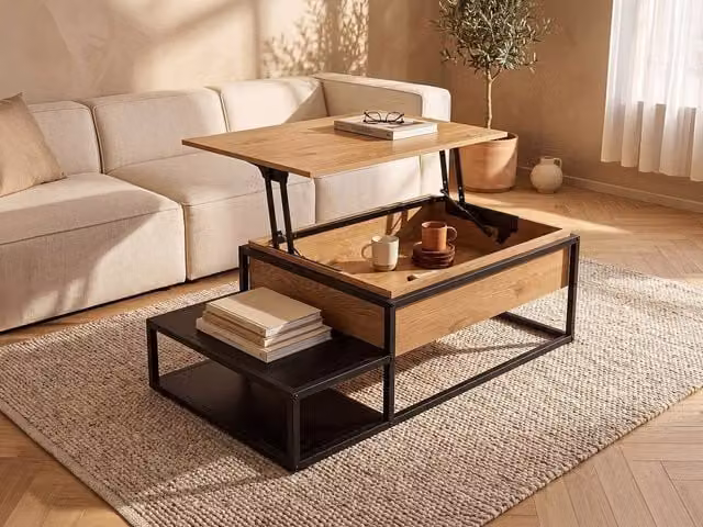 Vente-unique Modern Lift-Up Coffee Table in Natural and Black MDF and Metal, W/D/H: 60 x 40 x 38 cm