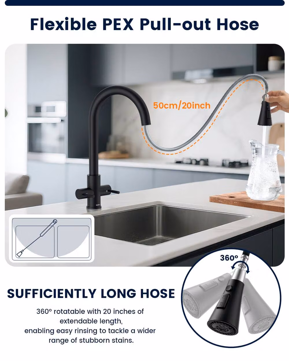 Dayone Sleek Stainless Steel Kitchen Tap with Pull Out Spray and Dual Lever Design in Matt Black – 6
