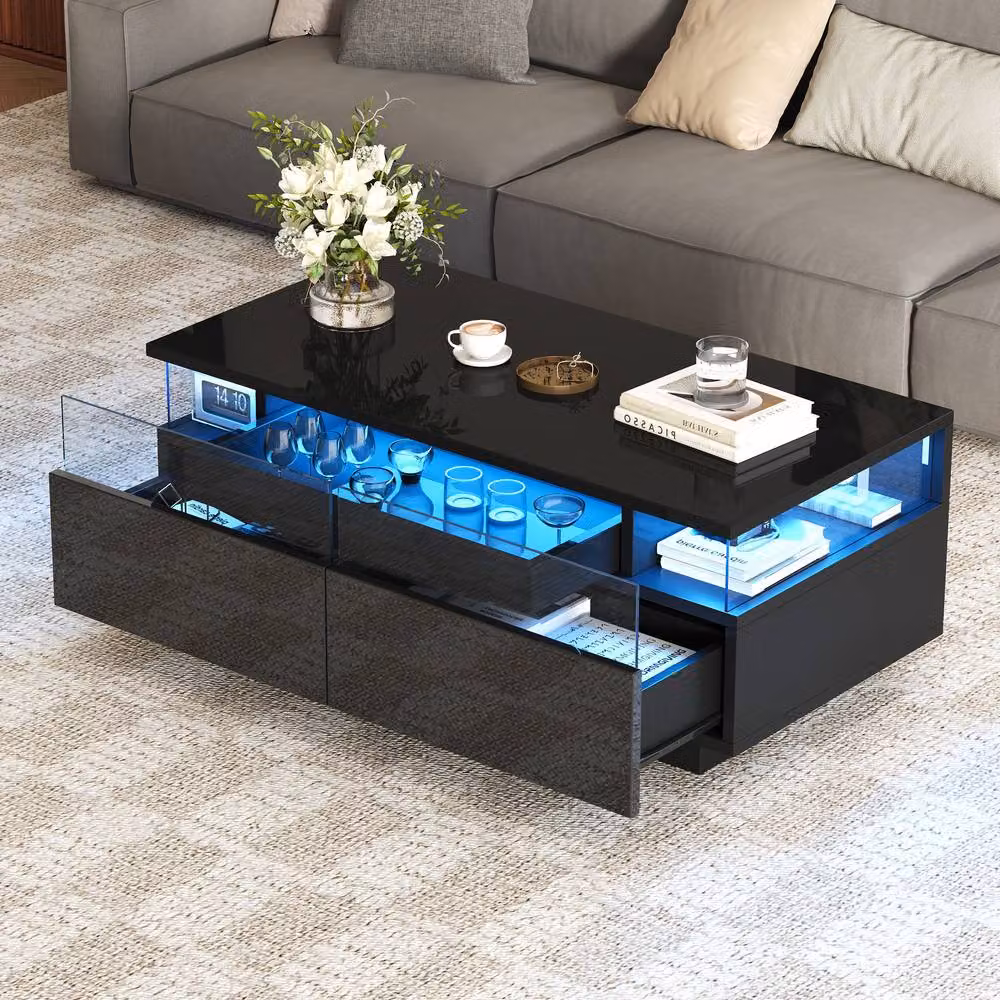 BTM Black High Gloss Coffee Table with LED Glass Top and 2 Drawers – 2