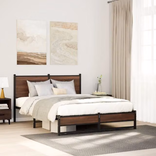 Berkfield Home Metal Bed Frame in Brown Oak, W: 140 cm, D: 200 cm – 1
