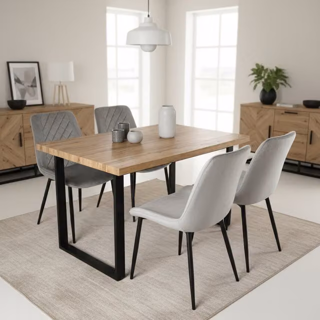 Madefor.living Colorado Rectangular Wood Dining Table with 4 Amelia Grey Velvet Chairs