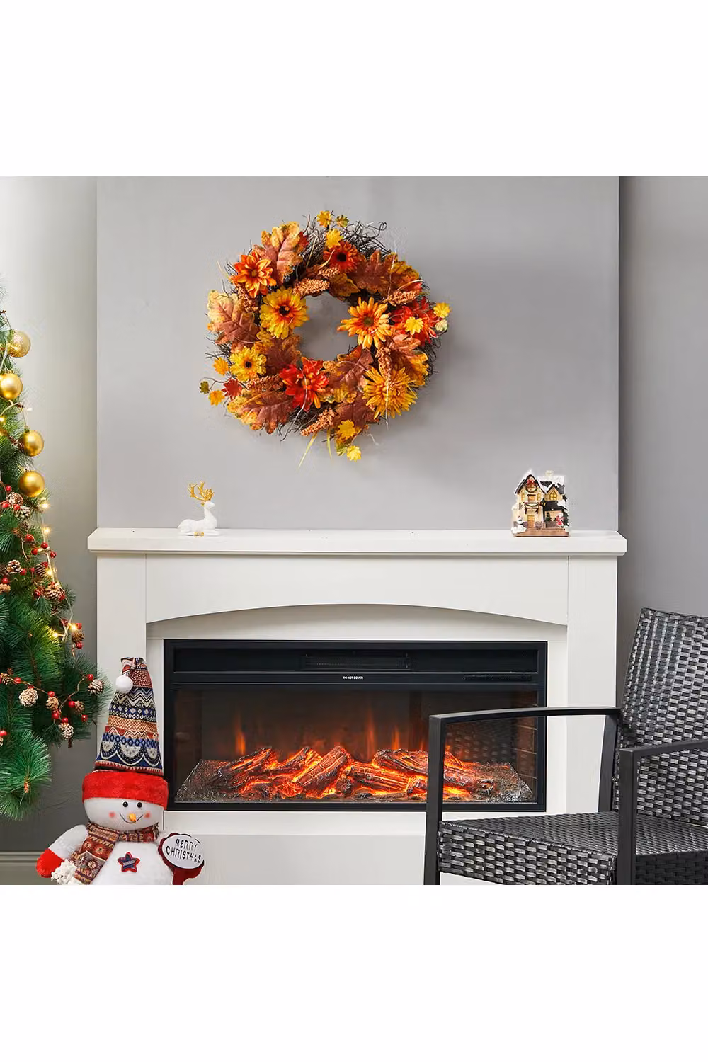 Living and Home Pre-Lit Autumn Wreath with Sunflower, Wheat and Maple Leaves in Brown, Diameter: 55 cm – 2