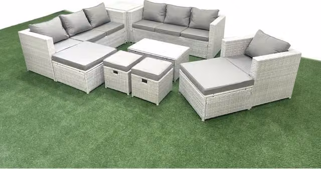 Fimous 9-Piece Rattan Garden Sofa Set in Grey with Cushions and Glass Top