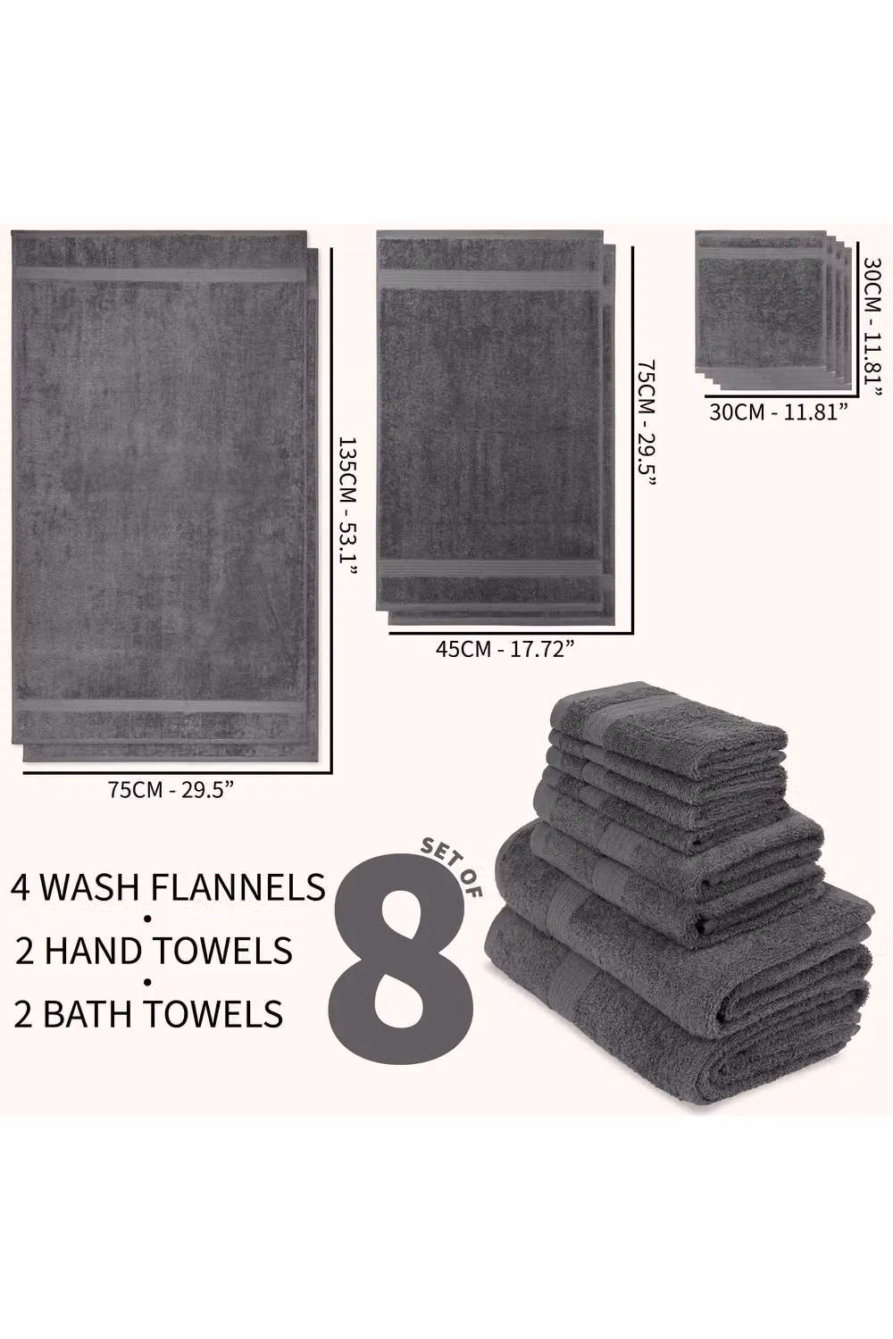 CityComfort 8-Piece Cotton Towel Set in Grey, 550GSM Highly Absorbent and Quick Drying – 9