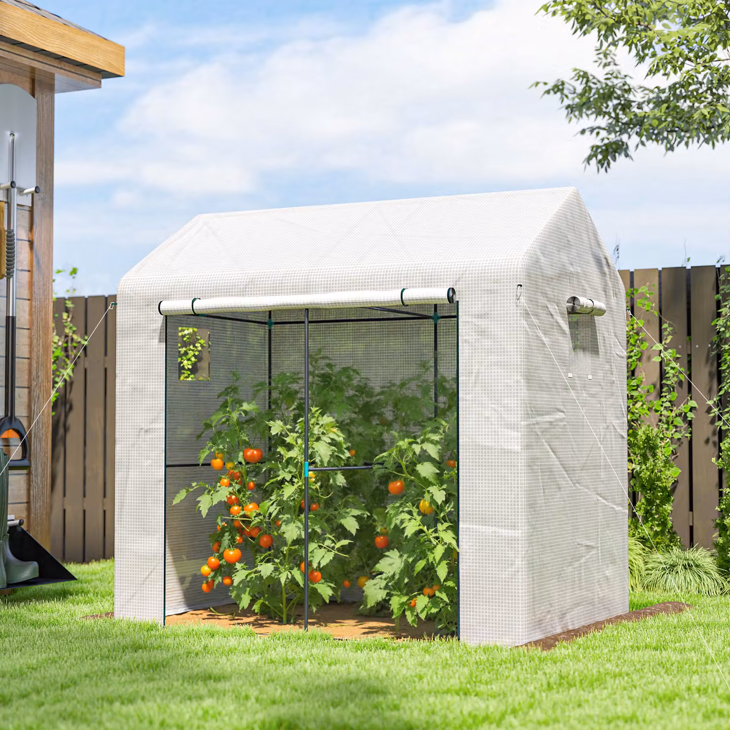 Outsunny White Walk-in Outdoor Tomato Greenhouse with Roll-up Door and Mesh Windows, W/D/H: 140 x 200 x 200 cm – 2