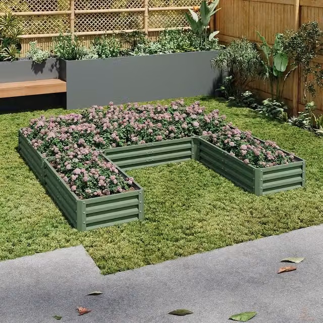 Livingandhome U-shaped Metal Raised Garden Bed with 5 Compartments in Light Green