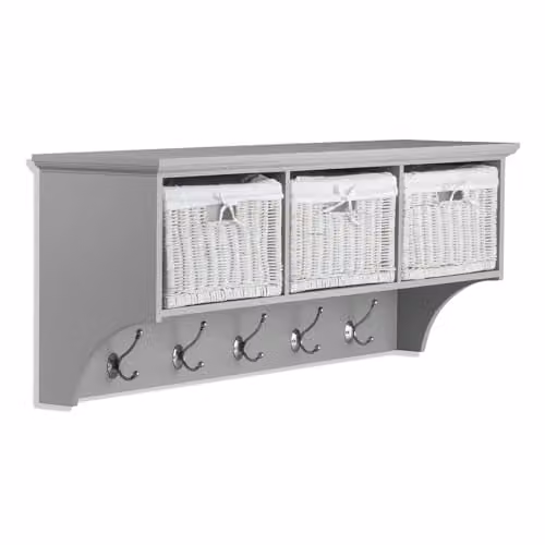 Statement Furniture Tetbury Wall Mounted Coat Rack with 3 Rattan Storage Baskets and 5 Double Hooks, Dove Grey, W: 113 cm, D: 28 cm, H: 43 cm