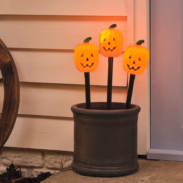 Lights4fun Set of 3 LED Halloween Outdoor Pumpkin Stake Lights in Black and Orange