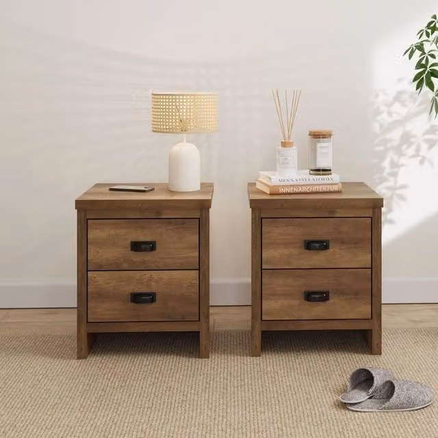 FORGEVIO Pair of Knotty Wild Oak Bedside Tables with 2 Drawers in Brown