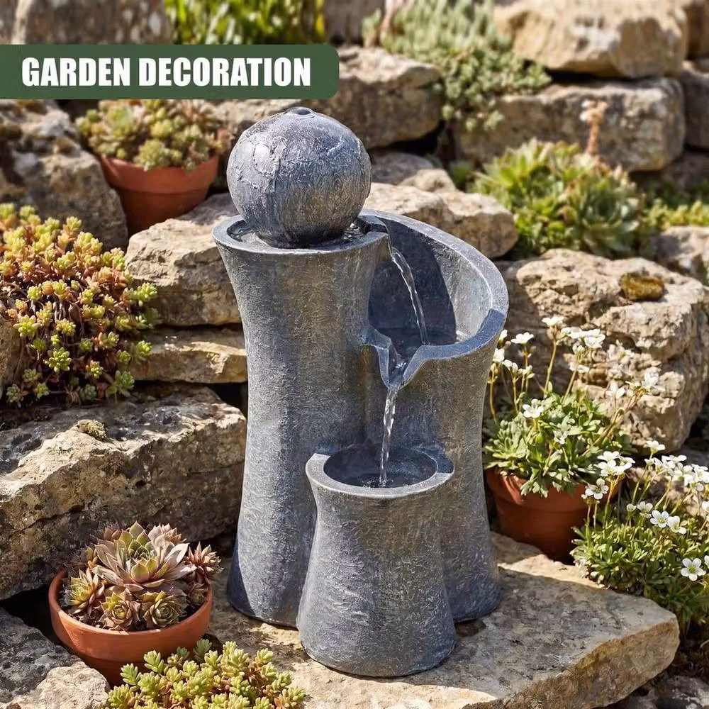 Spetlek Solar Powered Cascade Water Feature with LED Lights in Grey Polyresin, W/D/H: 40.0 x 24.0 x 0.6 m2 – 3