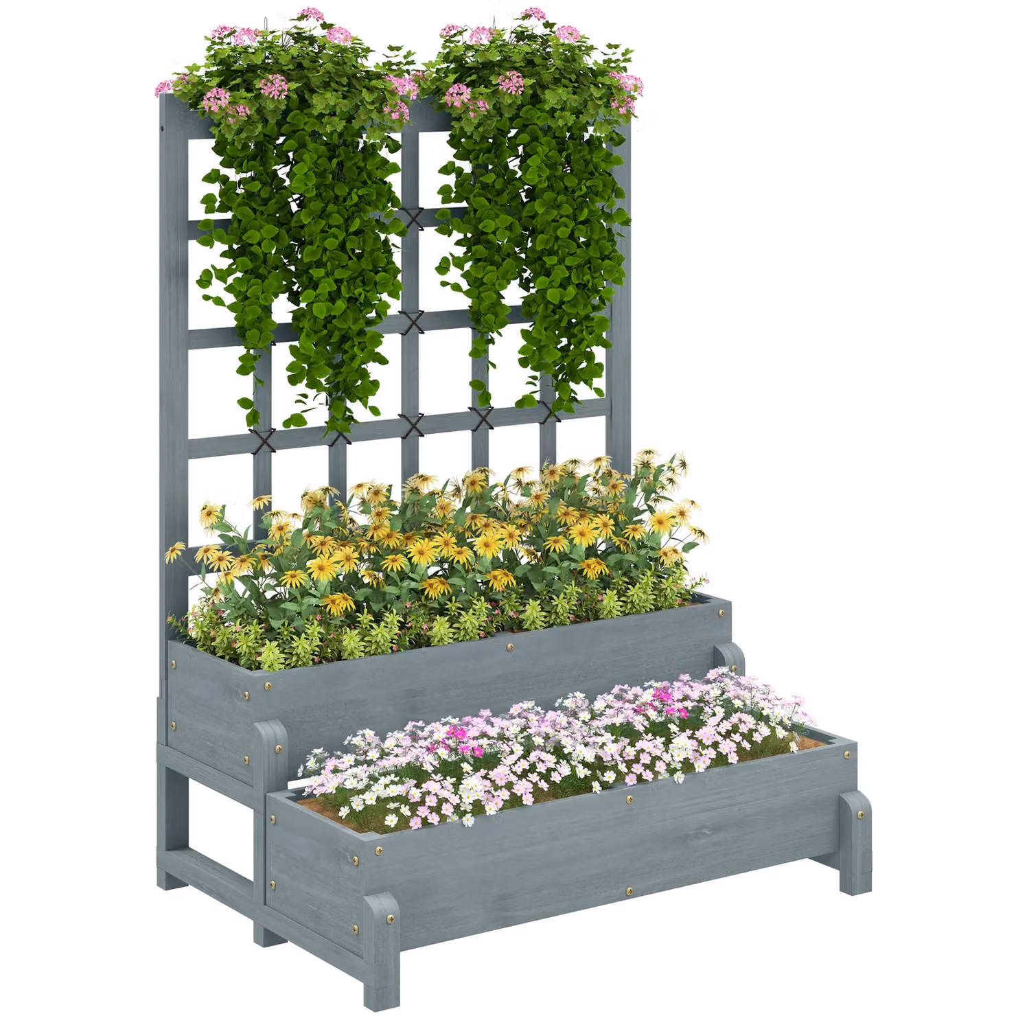 OUTSUNNY 2-Tier Grey Wooden Raised Bed with Trellis and Drainage Holes, W/D/H: 121 x 66 x 88 cm – 2