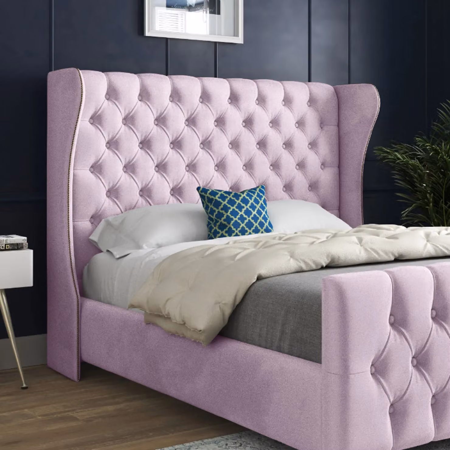 Casani Chesterfield Upholstered Velvet Bed Frame in Pink, W/D/H: 200 x 137 x 189 cm – 3