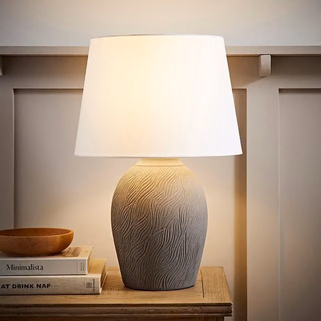 Clint Large Etched Textured Ceramic Table Lamp with Tapered Shade and LED Bulb in Grey and White