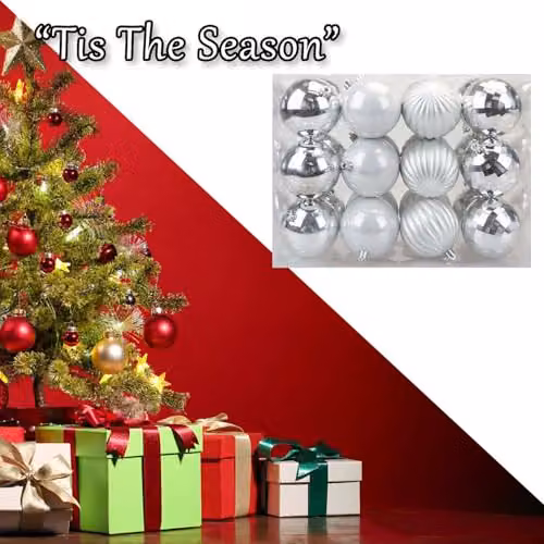 VFM e-Store Silver Round Christmas Bauble Hanging Tree Ornaments, Pack of 24, Diameter: 8 cm – 6