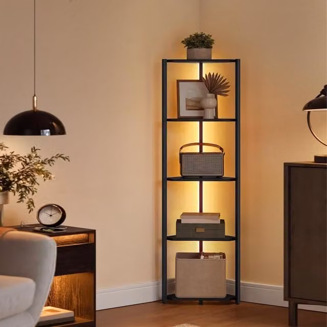 The Bazaarist Modern Corner Bookshelf with 5 Adjustable Tiers and Integrated LED Lighting in Ebony Black