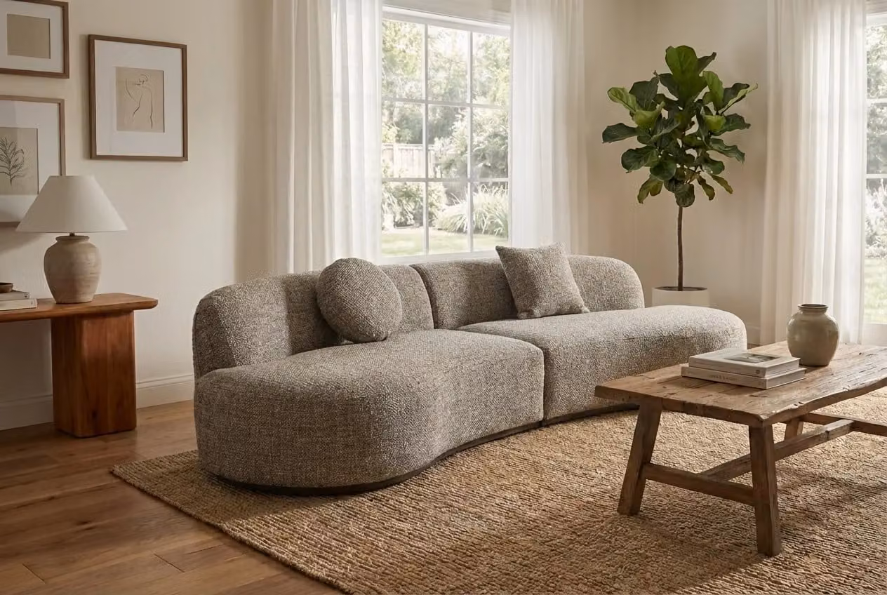 Araco Atelier Coco 4 Seater Upholstered Bouclé Sofa in Beige and Grey with Scatter Cushions