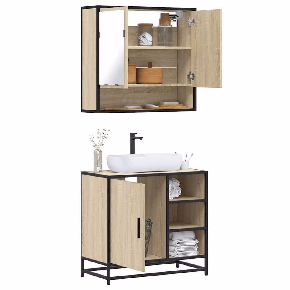 Berkfield Home 2 Piece Industrial Bathroom Furniture Set in Brown Sonoma Oak with Vanity Unit and Mirror Cabinet, W/D/H: 60 x 65 x 65 cm – 2