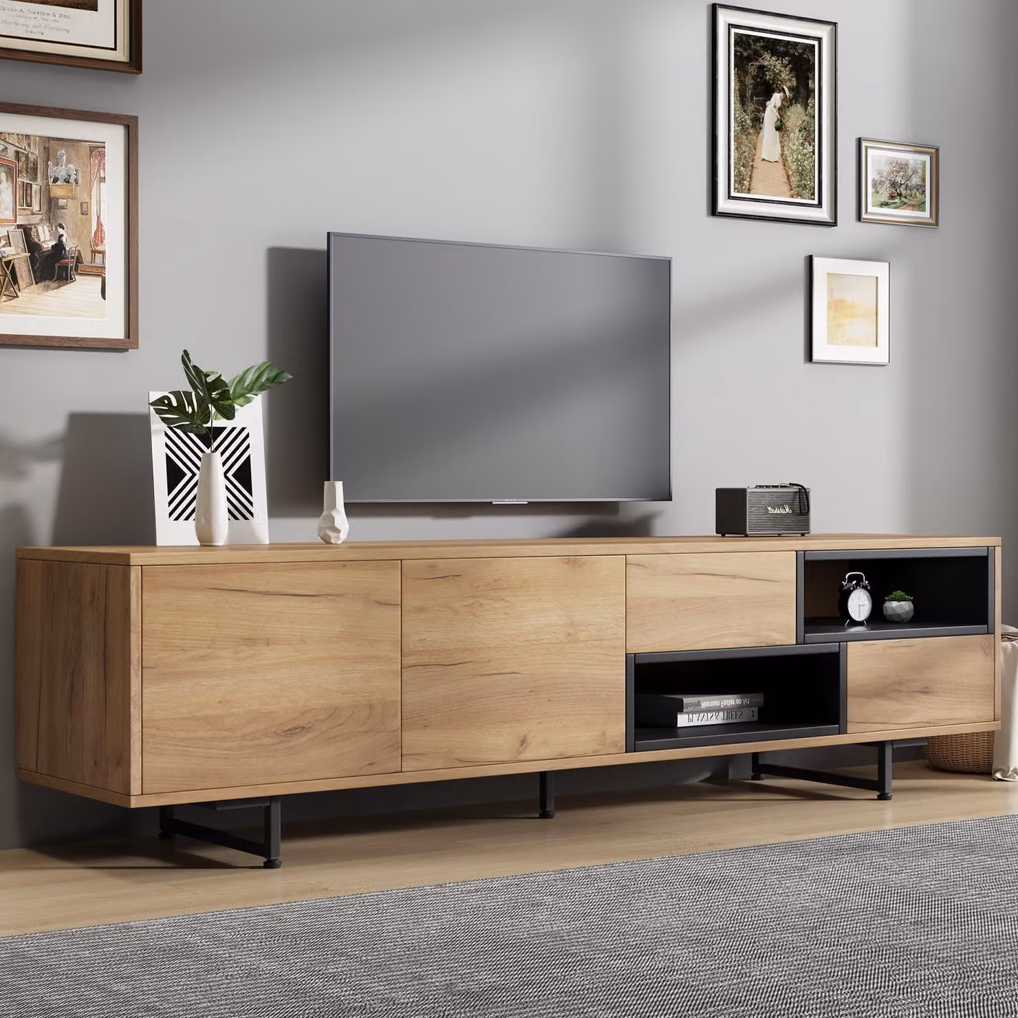Aosom UK Modern Living Room TV Cabinet with Multi-Functional Chipboard Storage and 2 Diagonal Drawers, Natural Wood, W: 173 cm, D: 38 cm, H: 48 cm – 7