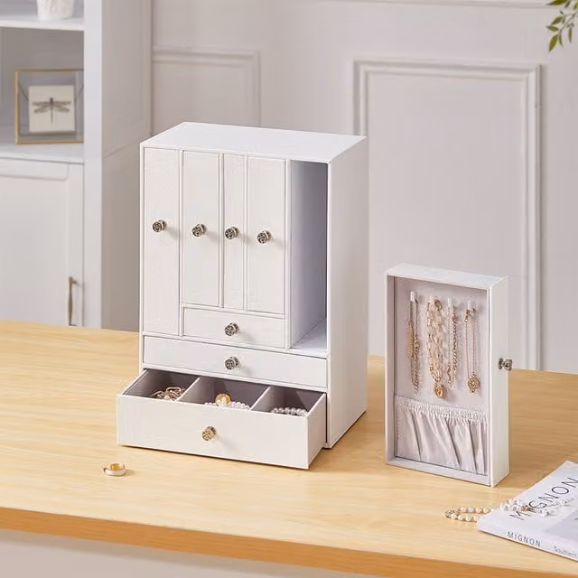 Livingandhome Free Standing Faux Leather Jewellery Box in White