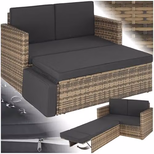tectake Rattan Garden Furniture Set with 2 Seater Sofa and Ottoman in Brown and Grey with Powder Coated Steel Frame and UV-Resistant Cushions – 1