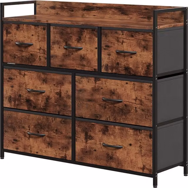 Livingandhome 7-Drawer Metal Frame Storage Cabinet Sideboard in Retro Woodgrain and White
