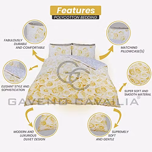GC GAVENO CAVAILIA Reversible Floral Polycotton Duvet Cover and Pillowcase Set in Ochre Gold – 2