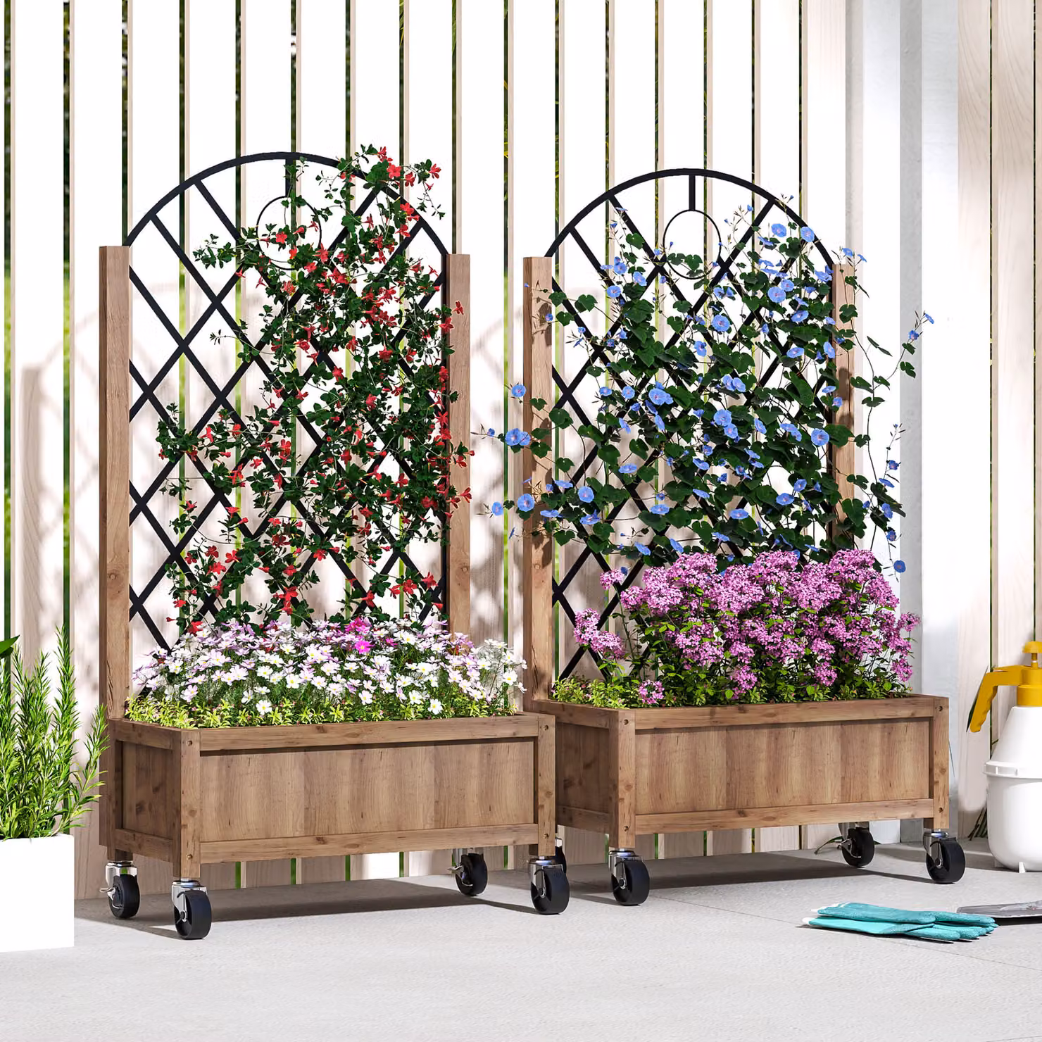 Outsunny Pack of 2 Brown Wooden Raised Garden Beds with Metal Trellis and Wheels, W/D/H: 97 x 52 x 20 cm – 2