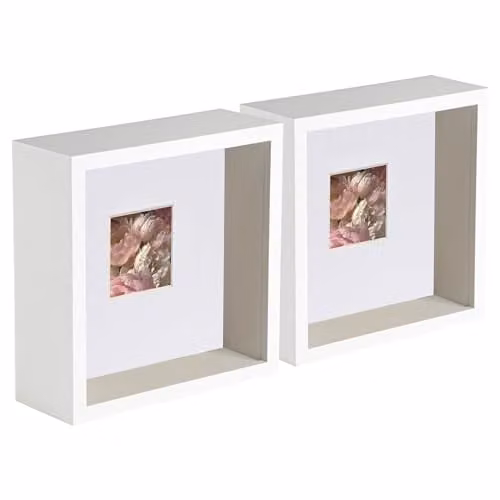 Nicola Spring 5 Piece Square 3D Deep Box Photo Frame Set in White with Glass and Plastic, W/H: 15.24 x 15.24 cm