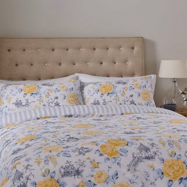 Helena Springfield Fable Mandarin Floral Kingsize Duvet Cover and Pillowcase Set, Yellow and China Blue, 180 x 200 cm