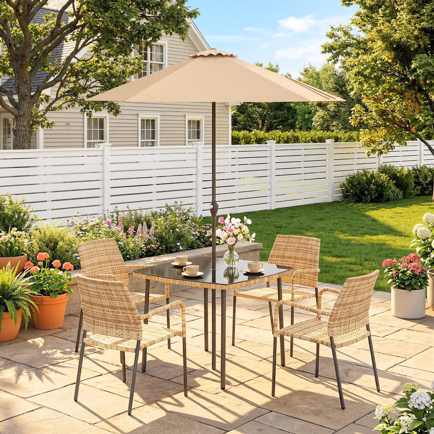 Outsunny 6 Piece Rattan Garden Dining Set in Beige with Parasol and Tempered Glass Tabletop – 2