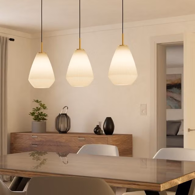 Eglo Caprarola Pendant Light in Brushed Brass with Sandy Satin Glass Shades, E27, Height Adjustable