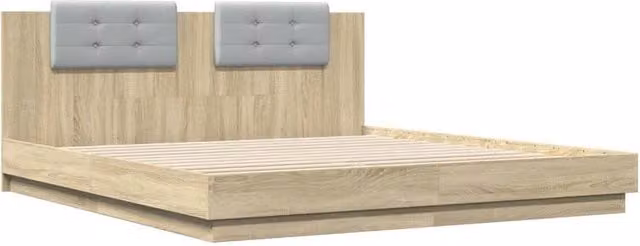 Berkfield Home Durable Bed Frame with LED Under-Bed Lighting in Sonoma Oak and Light Tan, W: 160 cm, L: 200 cm