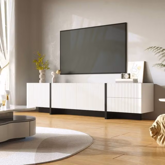 Merax Modern Fluted TV Lowboard in White with 3 Doors and 2 Drawers, W: 190 cm, D: 35 cm, H: 45 cm – 1