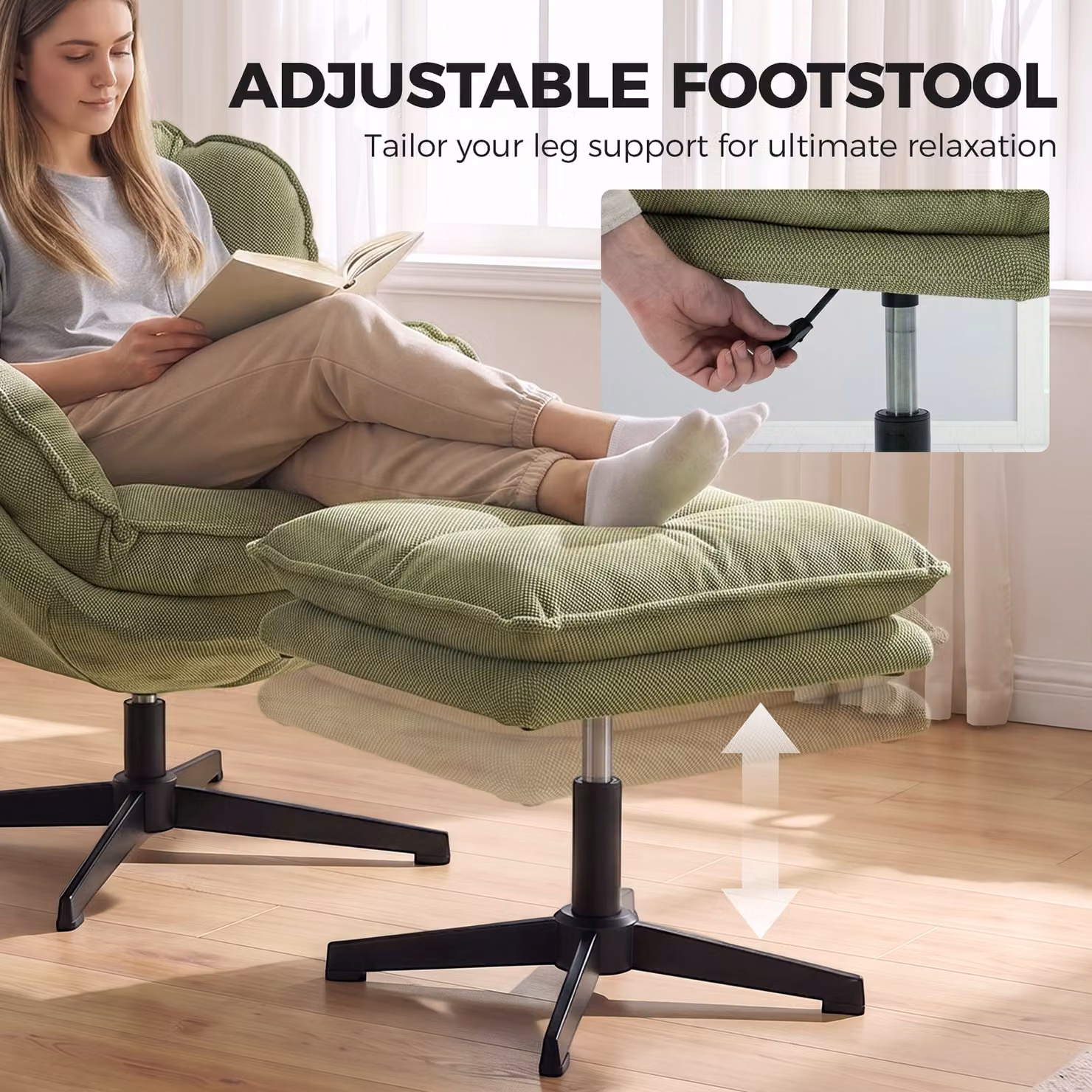 HOMCOM Green Chenille Swivel Armchair with Adjustable Footstool and Thick Cushion – 3