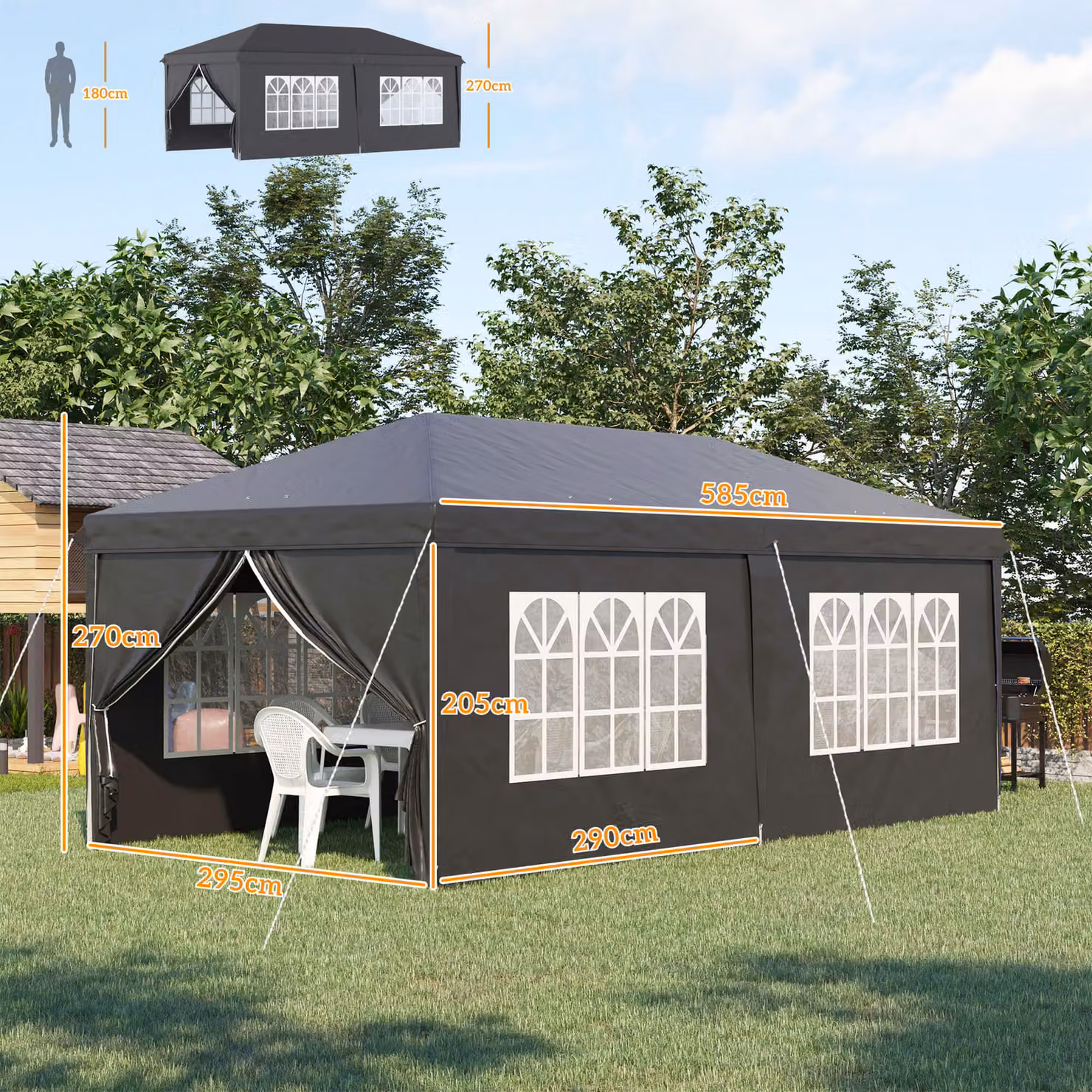 Outsunny Pop Up Gazebo with Sides and Windows in Black, W/D/H: 600 x 300 x 205 cm – 3