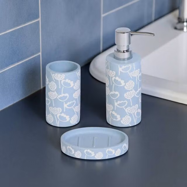 Showerdrape 3 Piece Ceramic Bathroom Accessory Set in Light Blue Floral including Soap Dispenser, Soap Dish and Tumbler