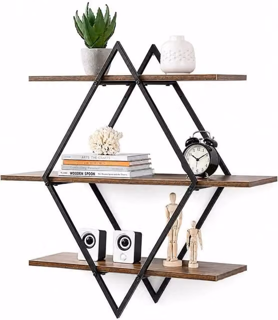 Kelvenix 3 Tier Rhombus Floating Decor Shelves in Black and Brown
