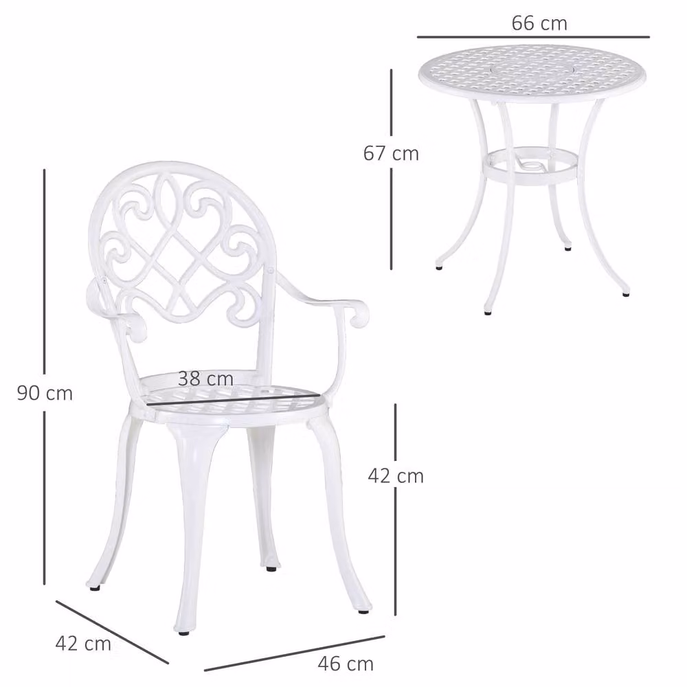 OUTSUNNY 3-Piece Garden Bistro Set with Round Cast Aluminium Table and 2 Chairs in White – 2
