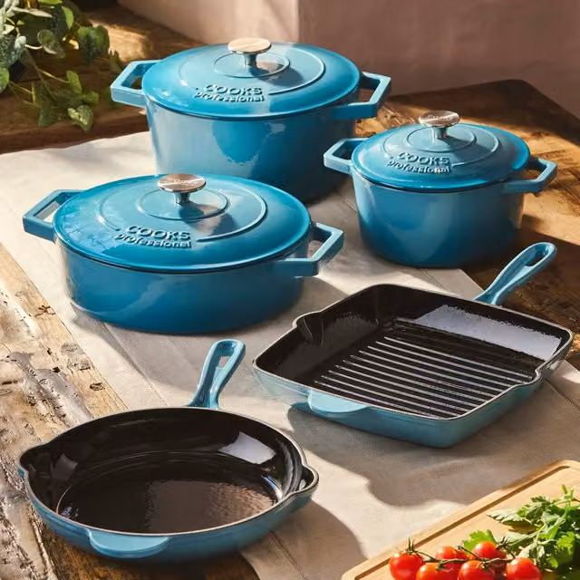 Cooks Professional 5 Piece Enamelled Cast Iron Casserole Dish and Frying Pan Set in Petrol – 2