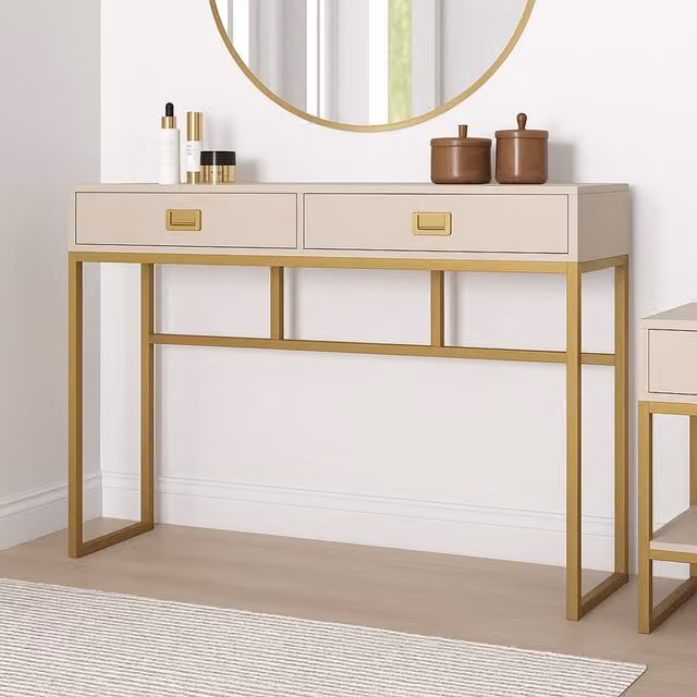 Melody Maison Elle Stone Two Drawer Console and Dressing Table in Beige and Gold – 1