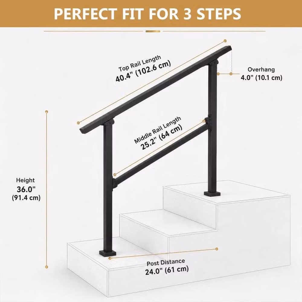 NESTLUNE Zinc Steel 3-Step Balustrade Stair Grab Rail in Black, W: 100 cm, H: 52 cm, D: 5.2 cm – 2