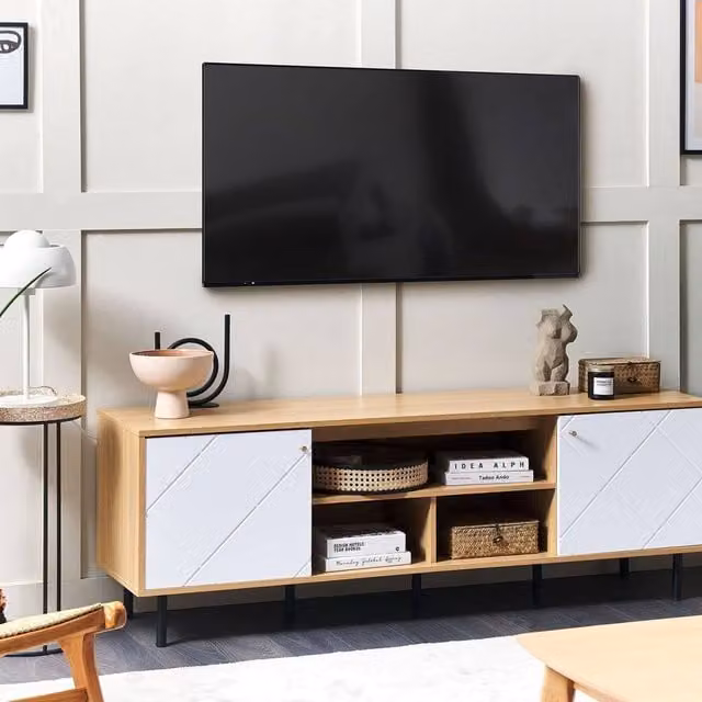 Wyld and Coco Scandinavian Geometric TV Stand in Brown and White MDF, W: 160 cm, D: 56 cm, H: 40 cm – 1